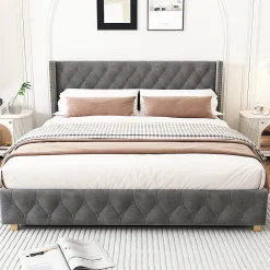 Lit rembourré lit 160x200cm lit rembourrage à rivets lit pieds en bois velours gris>Gutent Hot
