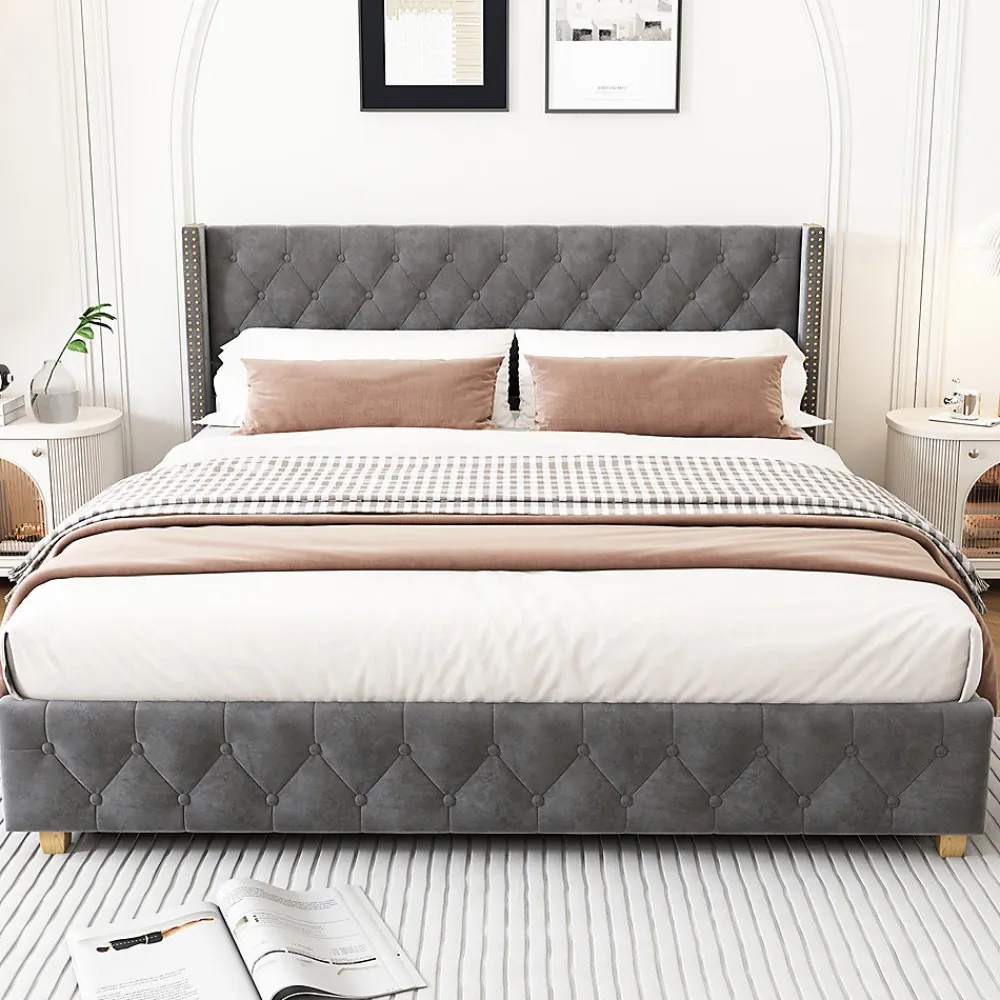 Lit rembourré lit 160x200cm lit rembourrage à rivets lit pieds en bois velours gris>Gutent Hot