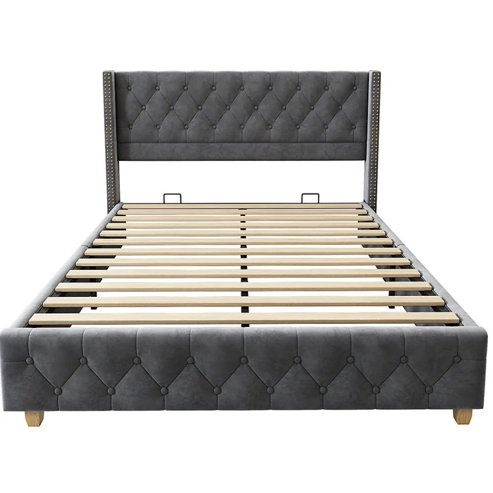 Lit rembourré lit 160x200cm lit rembourrage à rivets lit pieds en bois velours gris>Gutent Hot