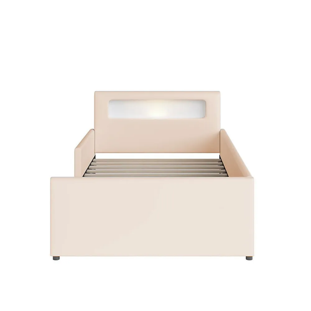 Lit rembourré pour enfant 90 x 200 cm, veilleuse USB, compartiments de rangement, beige,>Blackcolors Hot