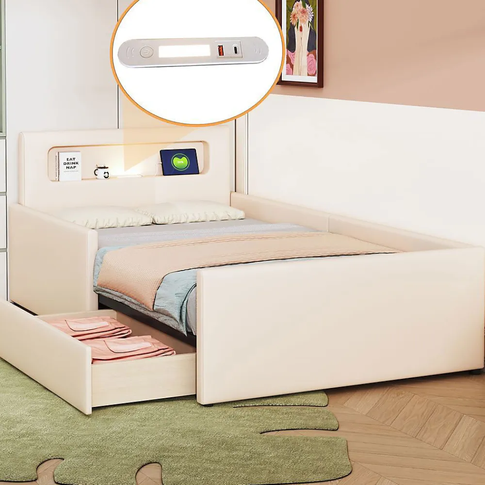 Lit rembourré pour enfant 90 x 200 cm, veilleuse USB, compartiments de rangement, beige,>Blackcolors Hot