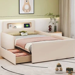 Lit rembourré pour enfant 90 x 200 cm, veilleuse USB, compartiments de rangement, beige,><noscript><img width=