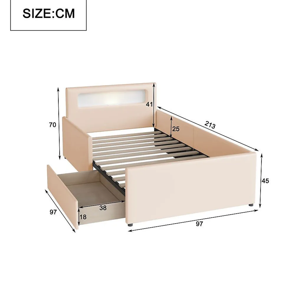 Lit rembourré pour enfant 90 x 200 cm, veilleuse USB, compartiments de rangement, beige,>Blackcolors Hot