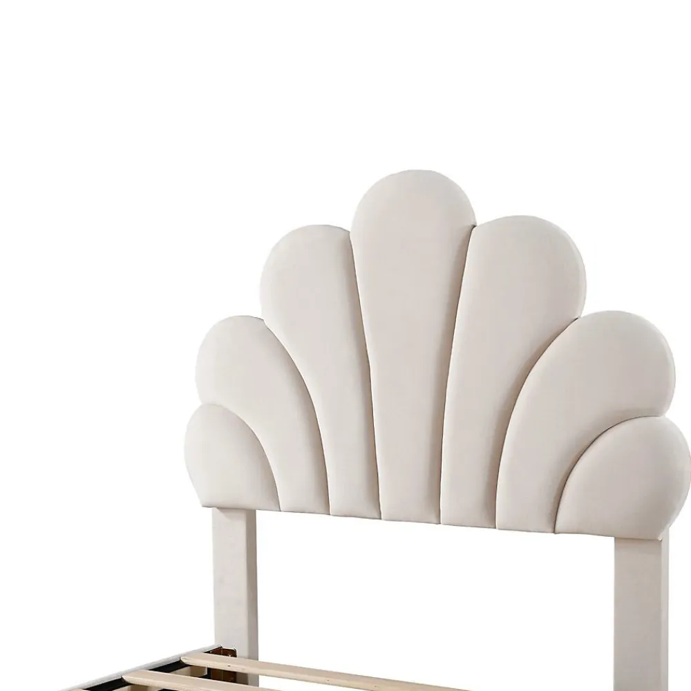 Blackcolors Lit rembourré pour enfant 90 x 200 cm, tête de lit à fleurs, 2 compartiments, beige,*Enfant Lit Enfant