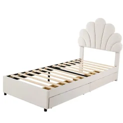 Blackcolors Lit rembourré pour enfant 90 x 200 cm, tête de lit à fleurs, 2 compartiments, beige,*Enfant Lit Enfant