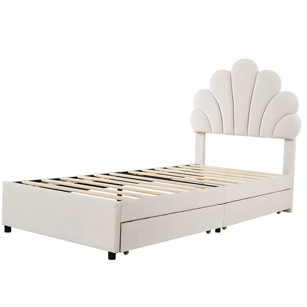 Blackcolors Lit rembourré pour enfant 90 x 200 cm, tête de lit à fleurs, 2 compartiments, beige,*Enfant Lit Enfant