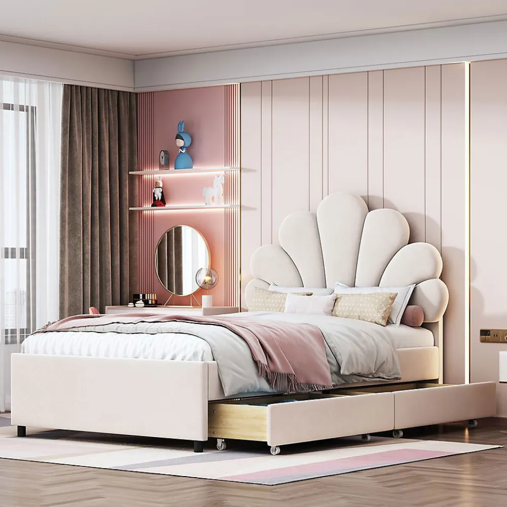 Blackcolors Lit rembourré pour enfant 90 x 200 cm, tête de lit à fleurs, 2 compartiments, beige,*Enfant Lit Enfant