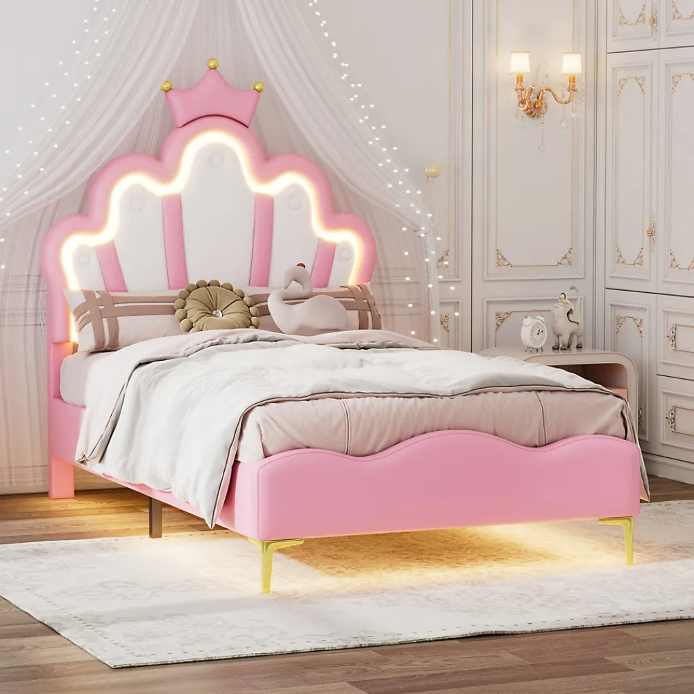 Lit Rembourré Pour Enfant 90 X 200 Cm Avec LED, Lit De Princesse Couronne, En Polyuréthane, Rose>Fortuna lai Discount