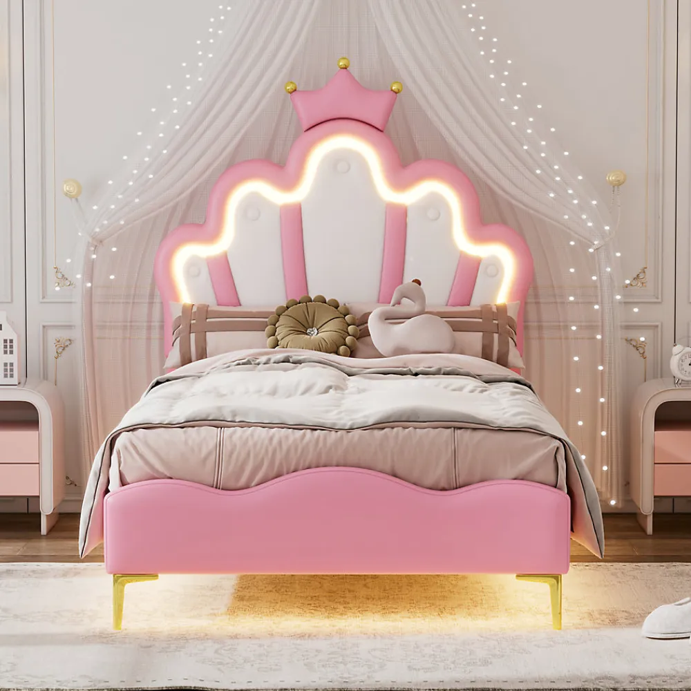Lit Rembourré Pour Enfant 90 X 200 Cm Avec LED, Lit De Princesse Couronne, En Polyuréthane, Rose>Fortuna lai Discount