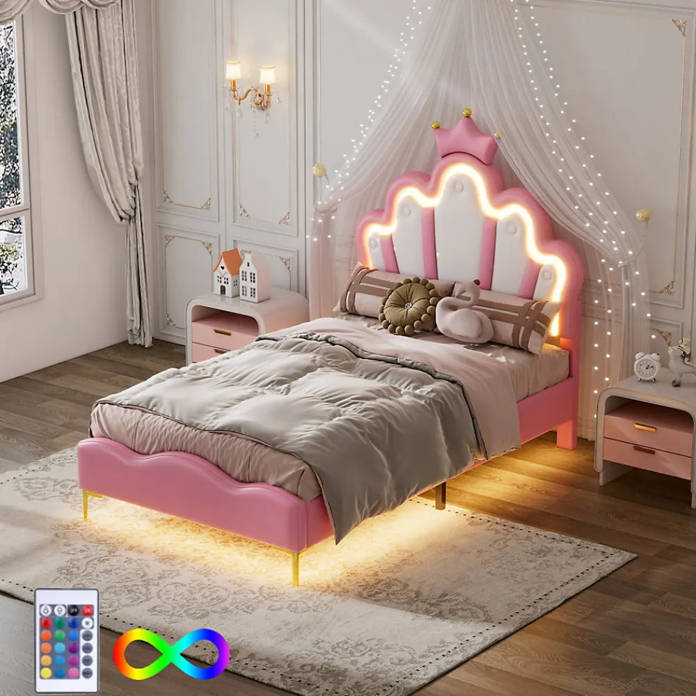 Lit Rembourré Pour Enfant 90 X 200 Cm Avec LED, Lit De Princesse Couronne, En Polyuréthane, Rose>Fortuna lai Discount