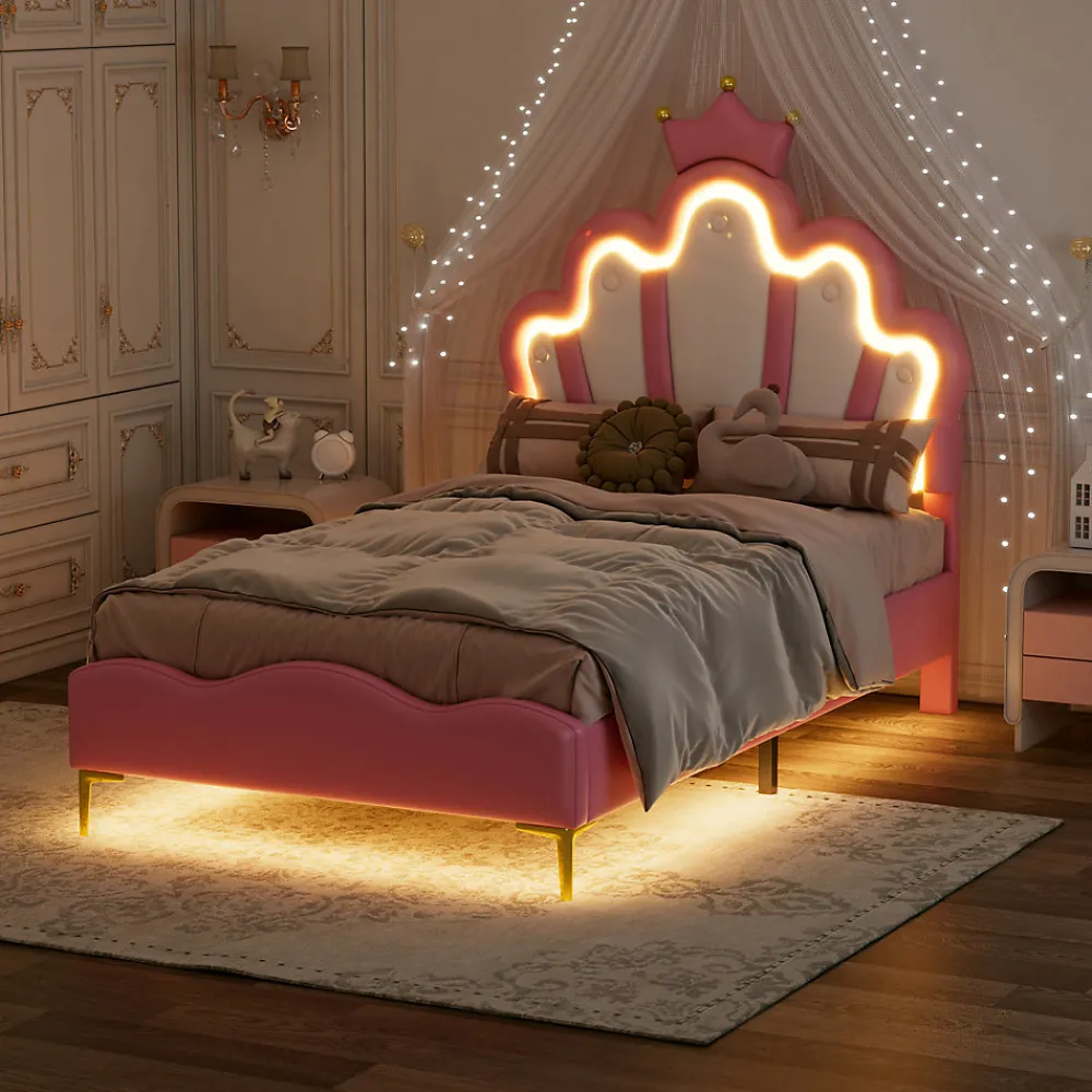 Lit Rembourré Pour Enfant 90 X 200 Cm Avec LED, Lit De Princesse Couronne, En Polyuréthane, Rose>Fortuna lai Discount
