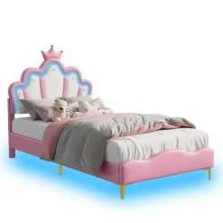 Lit Rembourré Pour Enfant 90 X 200 Cm Avec LED, Lit De Princesse Couronne, En Polyuréthane, Rose><noscript><img width=
