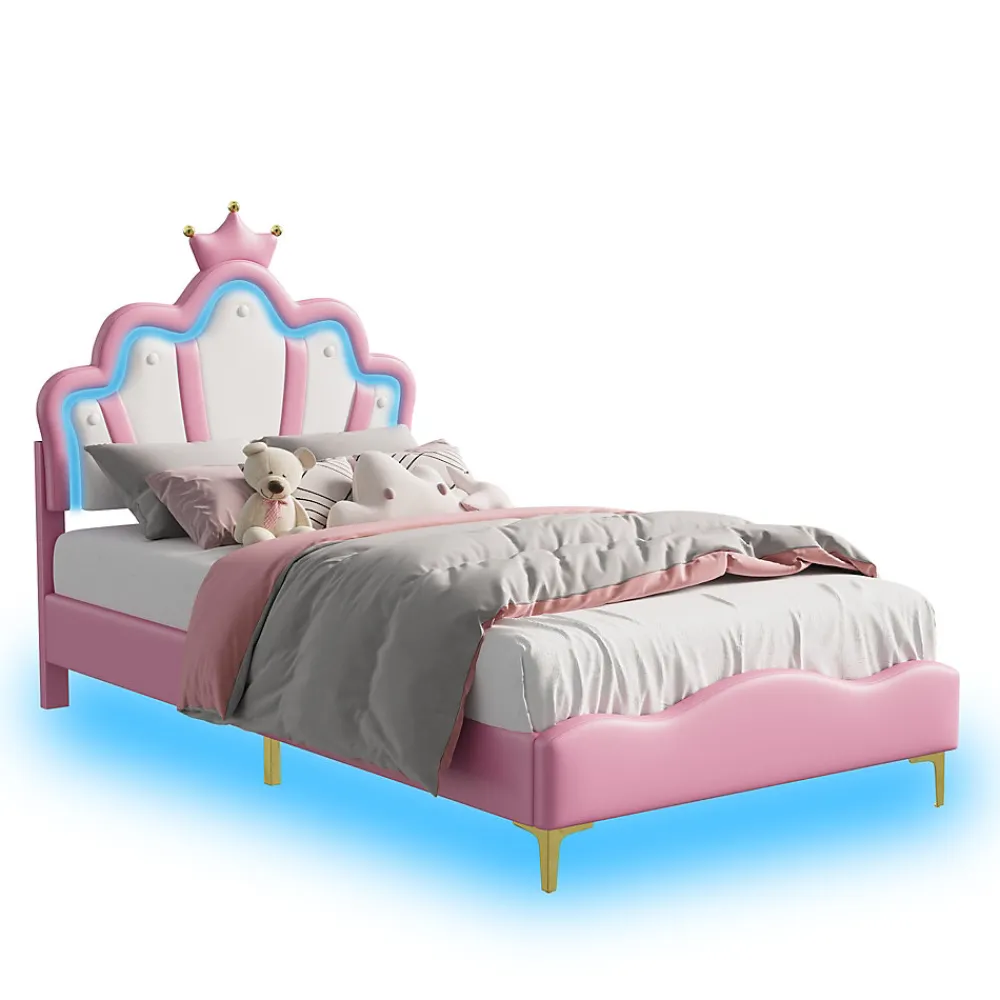 Lit Rembourré Pour Enfant 90 X 200 Cm Avec LED, Lit De Princesse Couronne, En Polyuréthane, Rose>Fortuna lai Discount