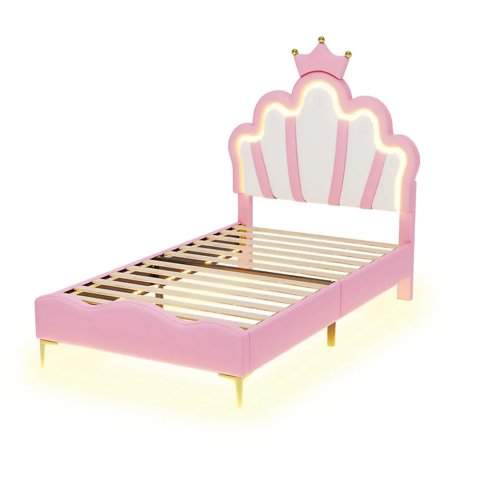 Lit Rembourré Pour Enfant 90 X 200 Cm Avec LED, Lit De Princesse Couronne, En Polyuréthane, Rose>Fortuna lai Discount