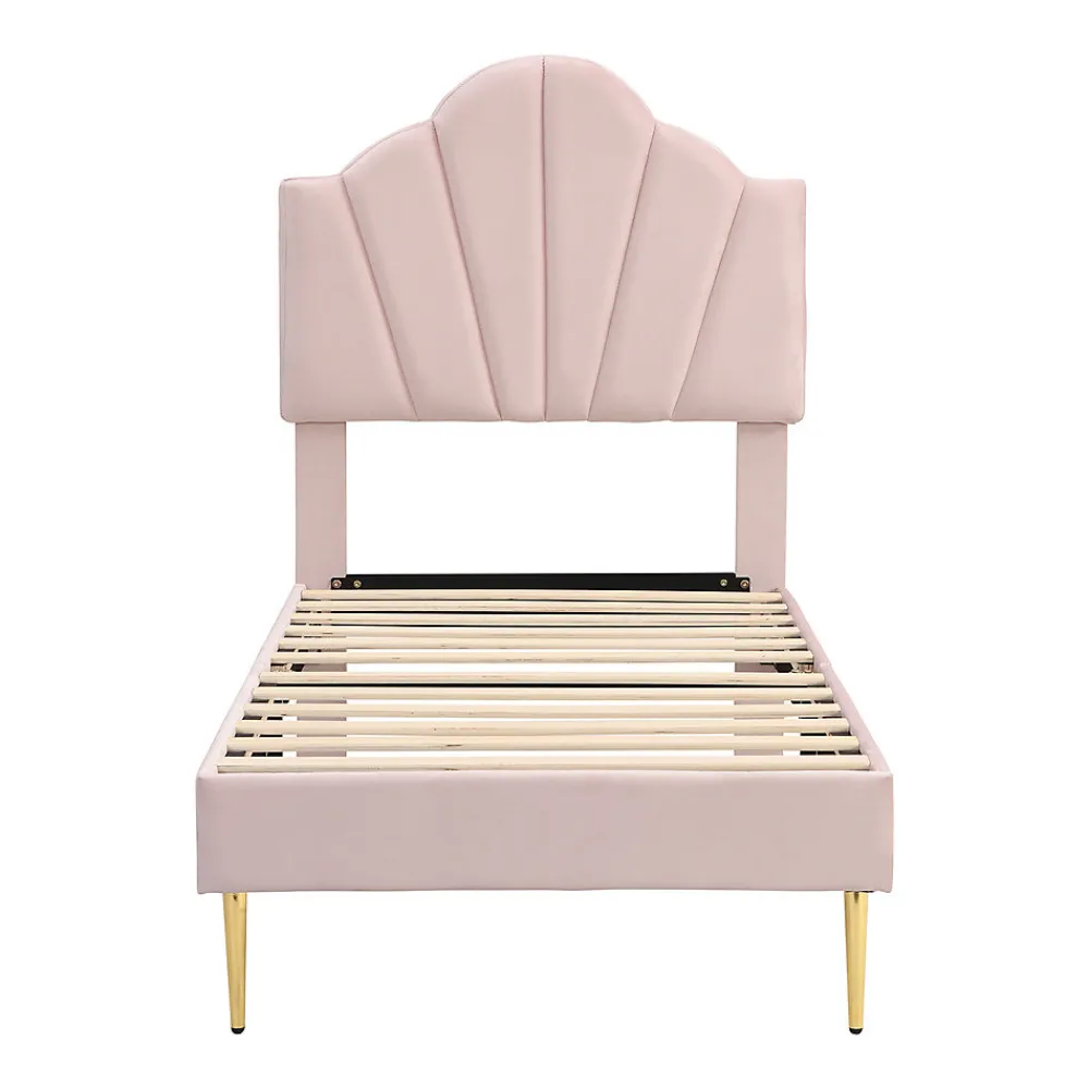 Lit rembourré Single 90x200 cm avec sommier à lattes - tête de lit réglable - tissu en velours - rose>Gutent Outlet