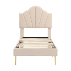 Lit rembourré Single 90x200 cm avec sommier à lattes - tête de lit réglable - tissu en velours - beige><noscript><img width=
