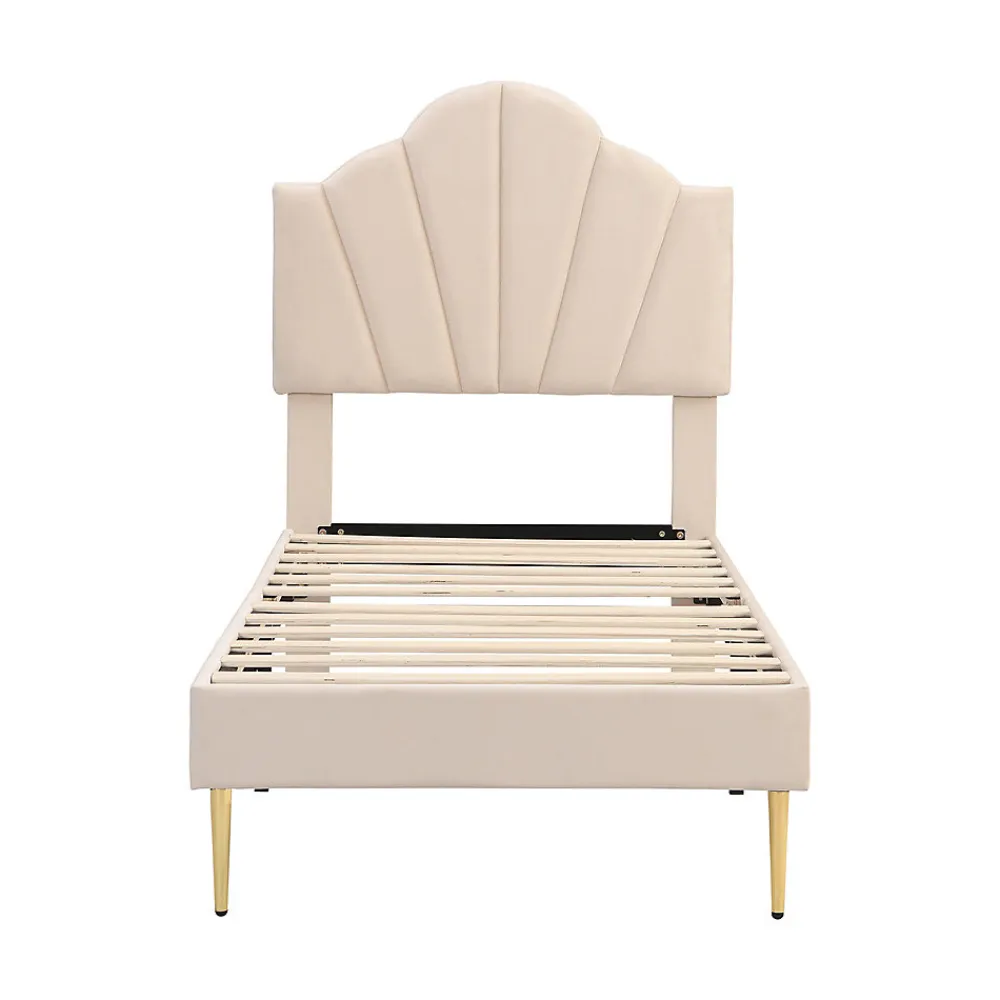 Lit rembourré Single 90x200 cm avec sommier à lattes - tête de lit réglable - tissu en velours - beige>Gutent Discount