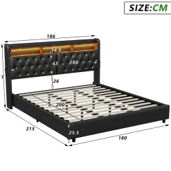 Simple Life Lit Rembourré 180x200 avec USB et prises, LED,lit à coffre hydraulique lit double, simili cuir, noir* Lit Coffre