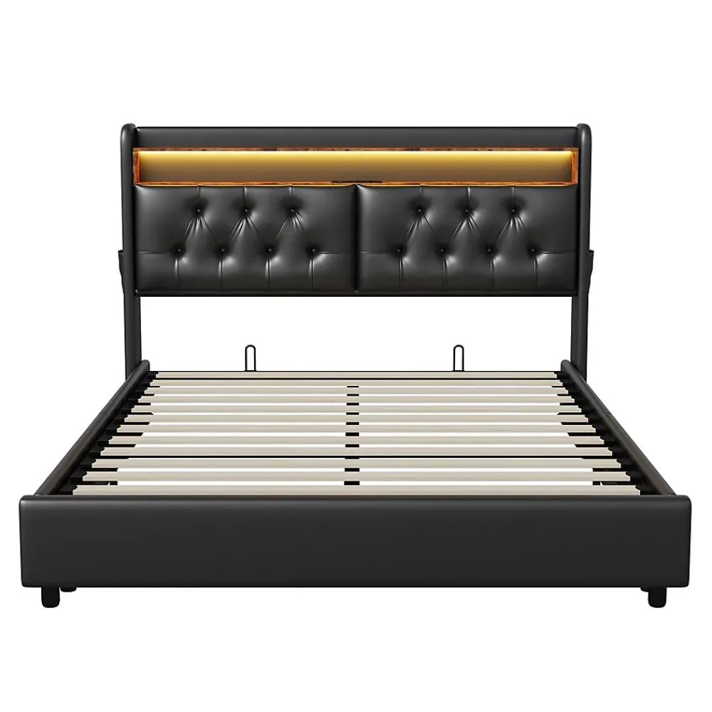 Simple Life Lit Rembourré 180x200 avec USB et prises, LED,lit à coffre hydraulique lit double, simili cuir, noir* Lit Coffre