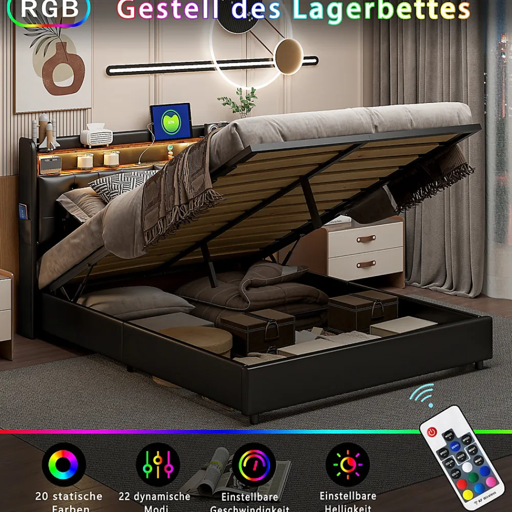 Simple Life Lit Rembourré 180x200 avec USB et prises, LED,lit à coffre hydraulique lit double, simili cuir, noir* Lit Coffre