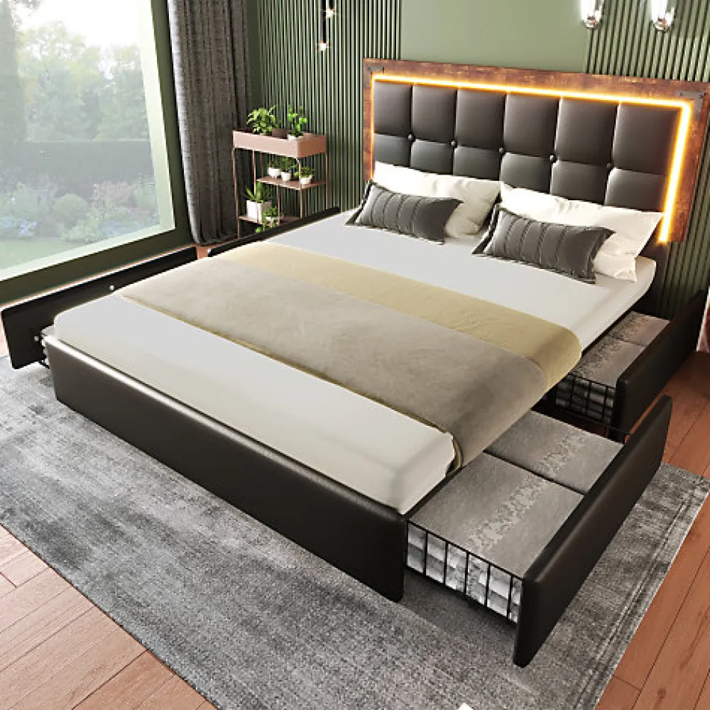 Lit rembourré 160x200 cm avec LED et 4 tiroirs - tête de lit réglable en hauteur - en similicuir noir>ModernLuxe Outlet