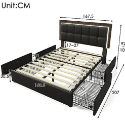 Lit rembourré 160x200 cm avec LED et 4 tiroirs - tête de lit réglable en hauteur - en similicuir noir><noscript><img width=