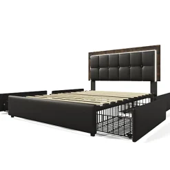 Lit rembourré 160x200 cm avec LED et 4 tiroirs - tête de lit réglable en hauteur - en similicuir noir><noscript><img width=