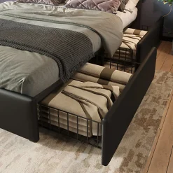 Lit rembourré 160x200 cm avec LED et 4 tiroirs - tête de lit réglable en hauteur - en similicuir noir><noscript><img width=
