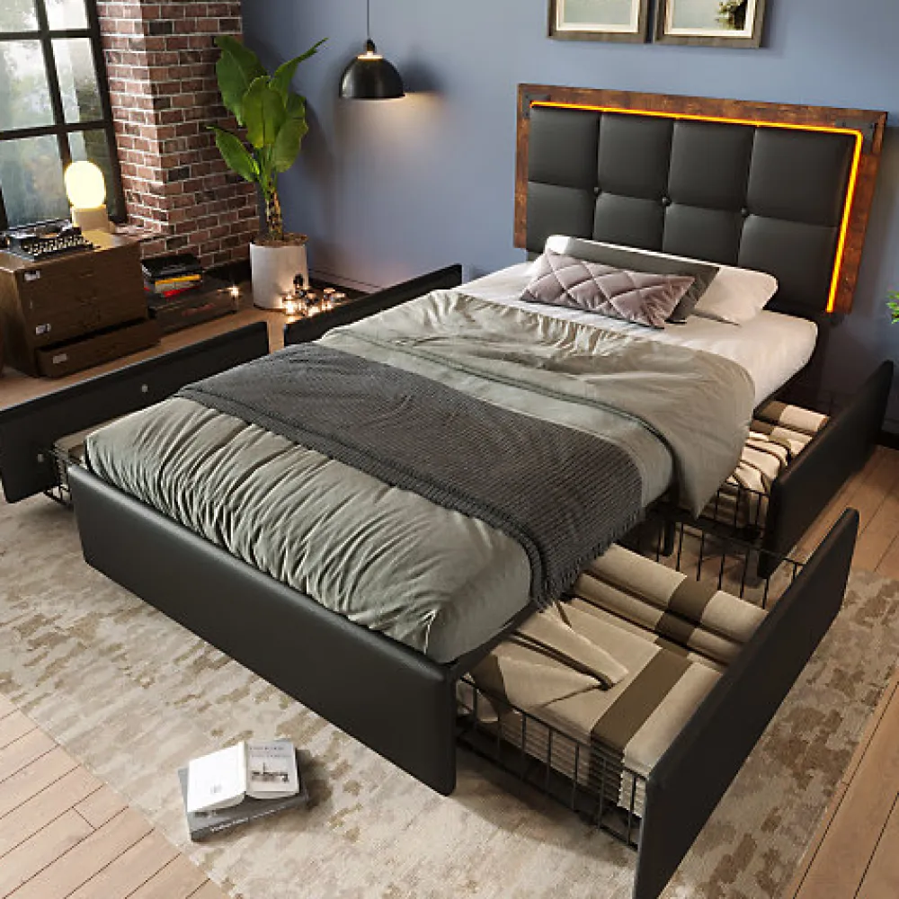 Lit rembourré 90x200 cm avec LED et 4 tiroirs - tête de lit réglable en hauteur - en similicuir noir>ModernLuxe Hot
