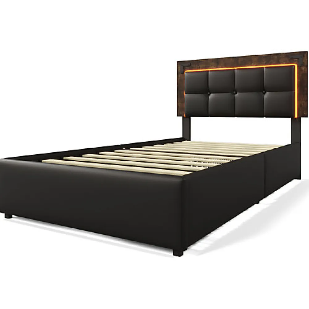 Lit rembourré 90x200 cm avec LED et 4 tiroirs - tête de lit réglable en hauteur - en similicuir noir>ModernLuxe Hot