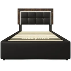 Lit rembourré 90x200 cm avec LED et 4 tiroirs - tête de lit réglable en hauteur - en similicuir noir><noscript><img width=