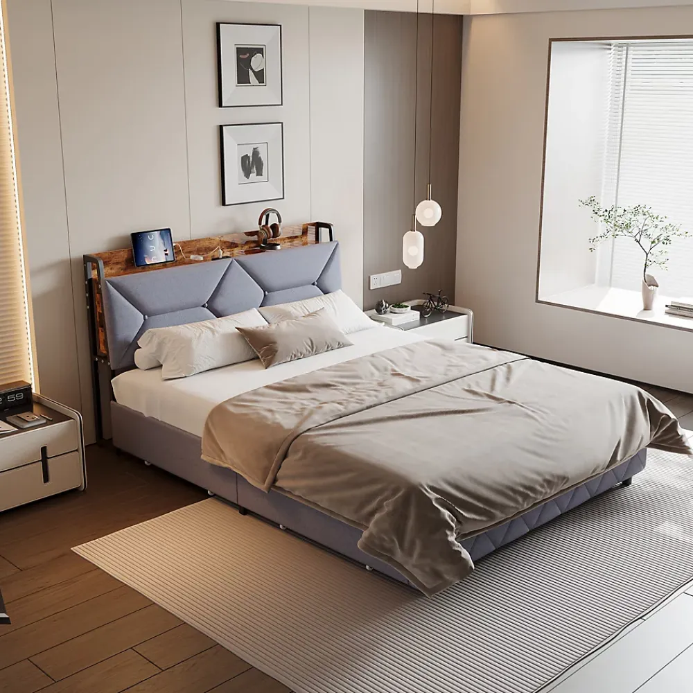 Fortuna lai Lit Rembourré 160x200 Cm Avec Ports USB, Étagères Ouvertes Et Tiroirs Dans La Tête De Lit, Gris* Lit Coffre