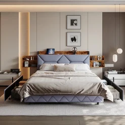 Fortuna lai Lit Rembourré 160x200 Cm Avec Ports USB, Étagères Ouvertes Et Tiroirs Dans La Tête De Lit, Gris* Lit Coffre