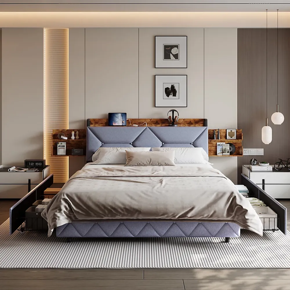 Fortuna lai Lit Rembourré 160x200 Cm Avec Ports USB, Étagères Ouvertes Et Tiroirs Dans La Tête De Lit, Gris* Lit Coffre