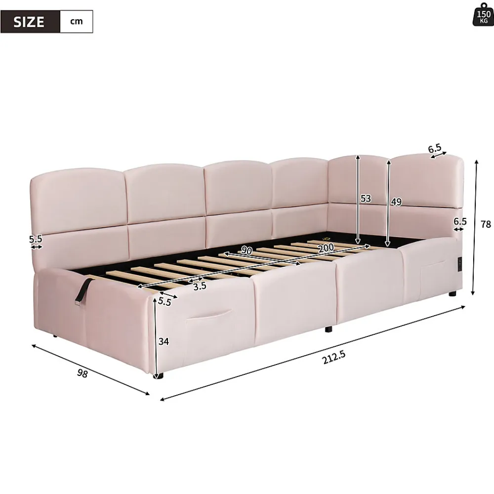 Redom Lit rembourré 90x200 cm avec sommier en velours rose port USB poche de rangement sans matelas* Lit Avec Rangement