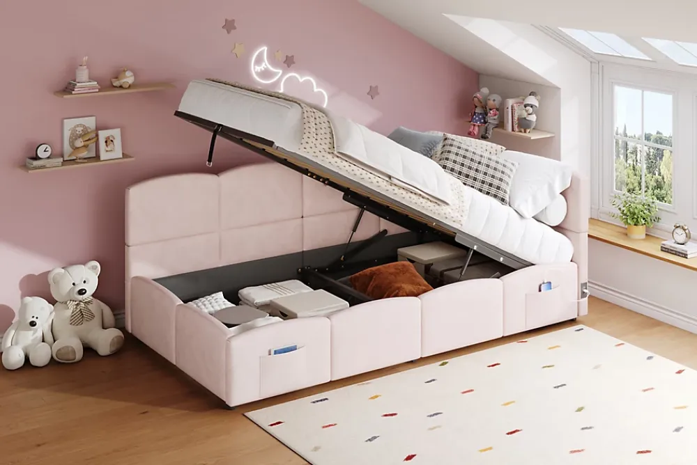 Redom Lit rembourré 90x200 cm avec sommier en velours rose port USB poche de rangement sans matelas* Lit Avec Rangement