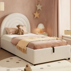 Redom Lit rembourré 90x200 cm avec sommier tissu bouclette beige lattes en bois montage facile pour jeunes et adultes* Lit Avec Rangement