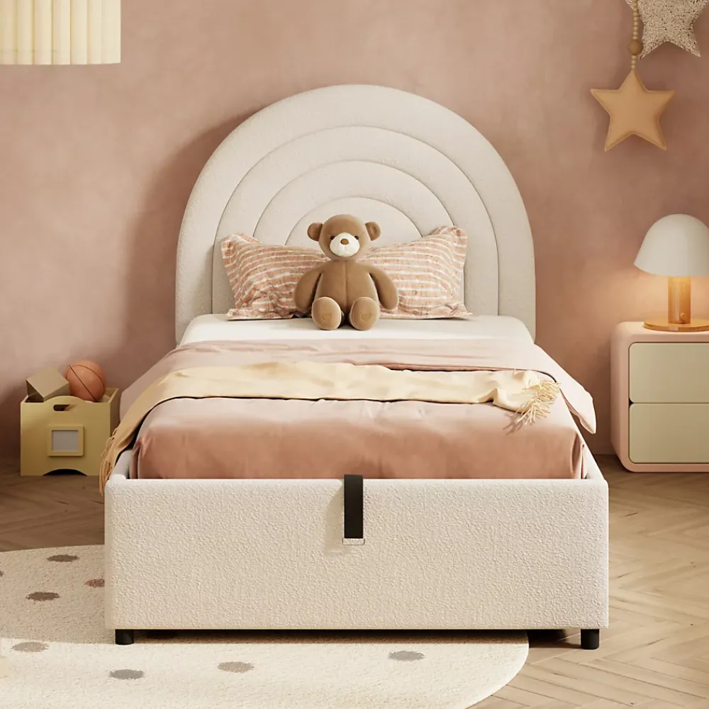 Redom Lit rembourré 90x200 cm avec sommier tissu bouclette beige lattes en bois montage facile pour jeunes et adultes* Lit Avec Rangement