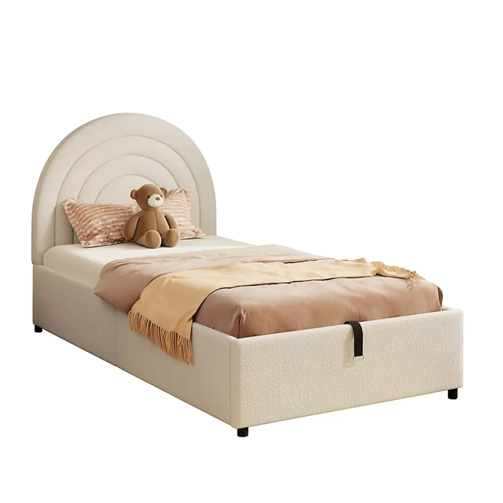 Redom Lit rembourré 90x200 cm avec sommier tissu bouclette beige lattes en bois montage facile pour jeunes et adultes* Lit Avec Rangement