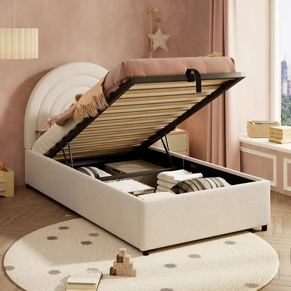 Redom Lit rembourré 90x200 cm avec sommier tissu bouclette beige lattes en bois montage facile pour jeunes et adultes* Lit Avec Rangement