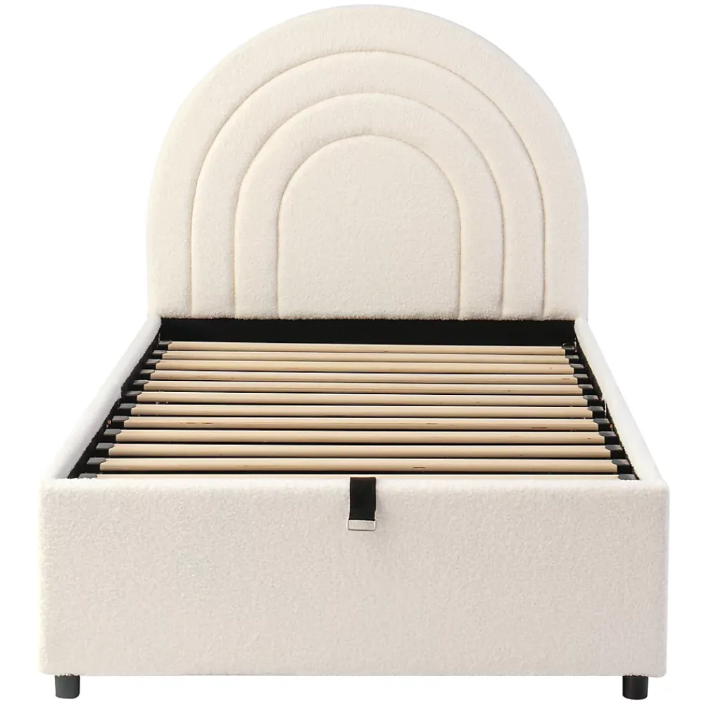 Redom Lit rembourré 90x200 cm avec sommier tissu bouclette beige lattes en bois montage facile pour jeunes et adultes* Lit Avec Rangement