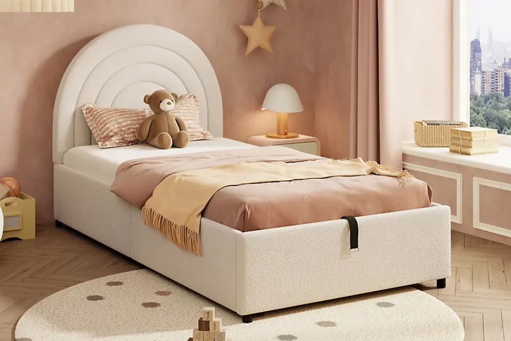 Redom Lit rembourré 90x200 cm avec sommier tissu bouclette beige lattes en bois montage facile pour jeunes et adultes* Lit Avec Rangement