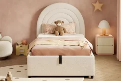 Redom Lit rembourré 90x200 cm avec sommier tissu bouclette beige lattes en bois montage facile pour jeunes et adultes* Lit Avec Rangement