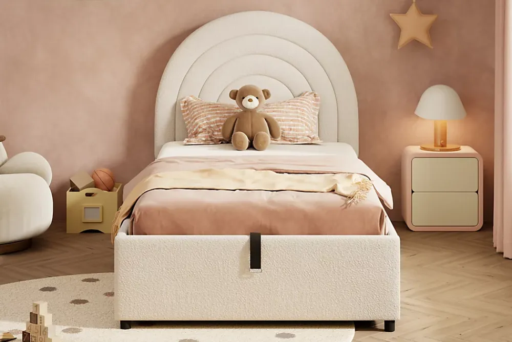 Redom Lit rembourré 90x200 cm avec sommier tissu bouclette beige lattes en bois montage facile pour jeunes et adultes* Lit Avec Rangement