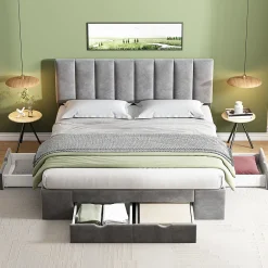 Lit rembourré 160x200 cm, avec sommier à lattes,dossier et 4 tiroirs, velours, gris>Gutent Discount
