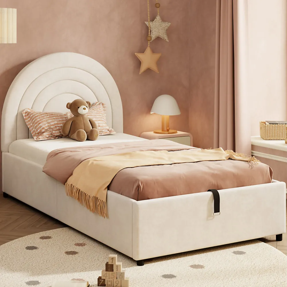Lit rembourré 90x200 cm avec sommier et tête de lit en velours beige lattes en bois montage facile pour jeunes et adultes>Redom Clearance