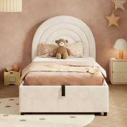 Lit rembourré 90x200 cm avec sommier et tête de lit en velours beige lattes en bois montage facile pour jeunes et adultes><noscript><img width=