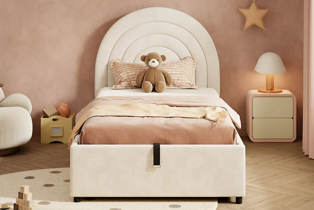 Lit rembourré 90x200 cm avec sommier et tête de lit en velours beige lattes en bois montage facile pour jeunes et adultes>Redom Clearance