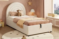 Lit rembourré 90x200 cm avec sommier et tête de lit en velours beige lattes en bois montage facile pour jeunes et adultes><noscript><img width=