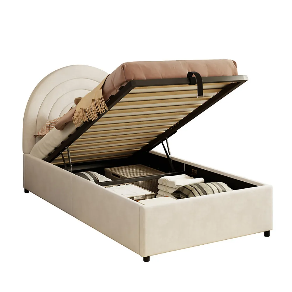 Lit rembourré 90x200 cm avec sommier et tête de lit en velours beige lattes en bois montage facile pour jeunes et adultes>Redom Clearance
